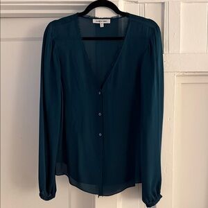 Elegant Women's Silk Teal Frayed Placket Blouse